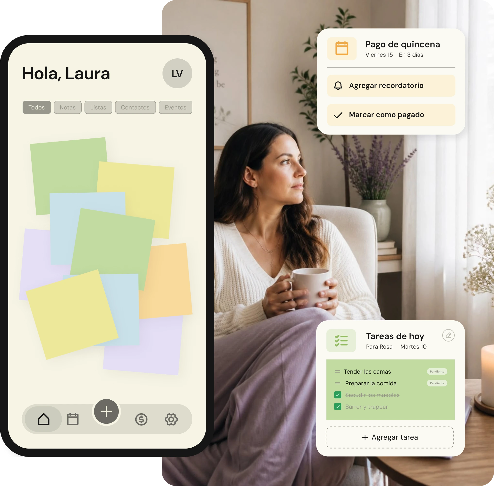 Panel de Laris para organizar pagos, recordatorios y tareas del hogar