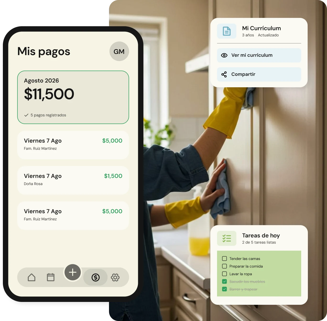 Panel de Laris para una persona trabajadora con sus pagos, currículum y tareas del día junto a una trabajadora limpiando una cocina